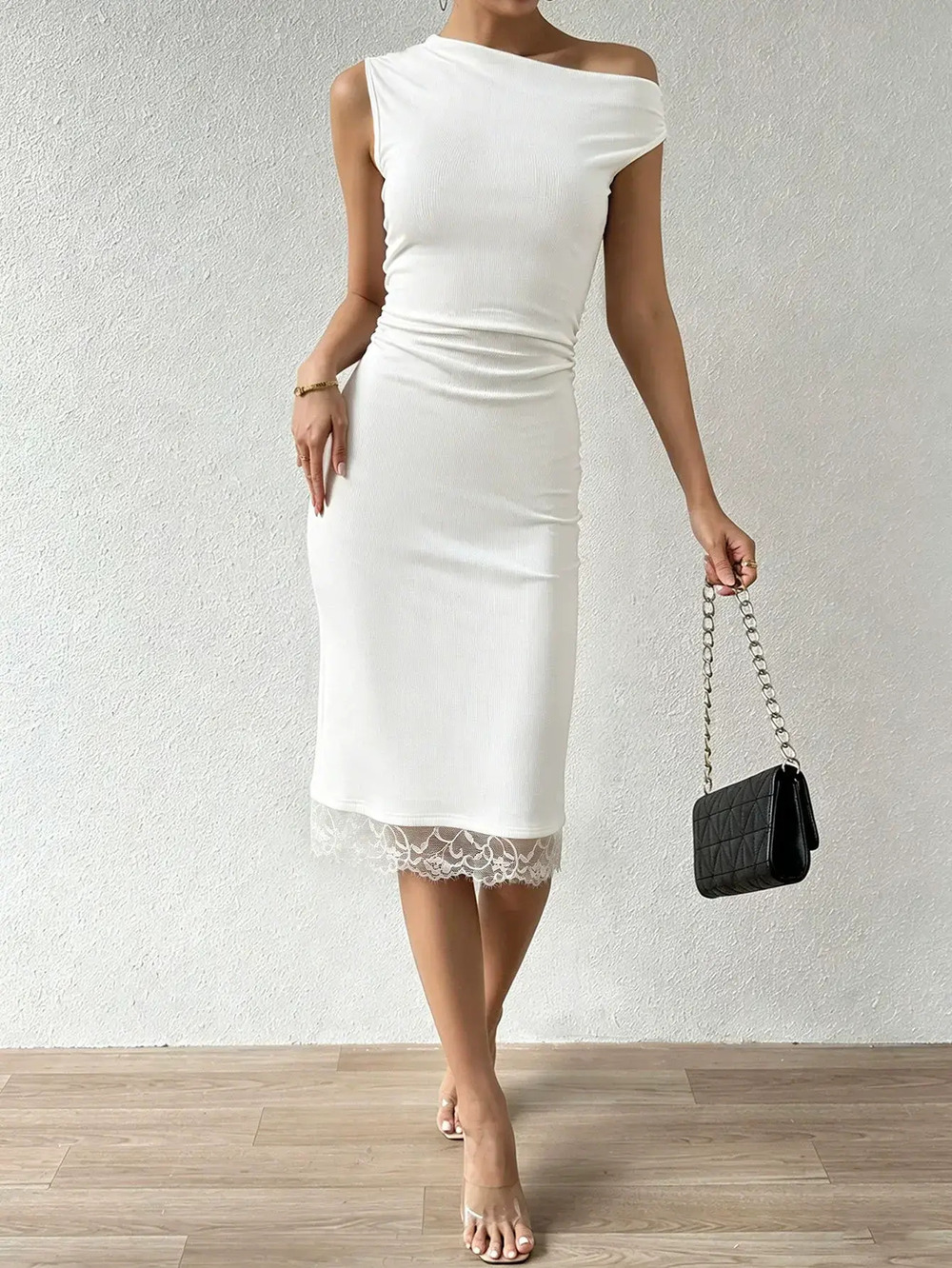 ZARA French One Shoulder Lace Bodycon Mini Dress Summer Slimming